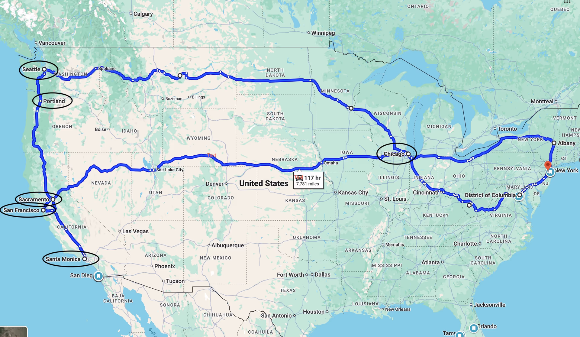 Full route map of the Amtrak journey across the United States