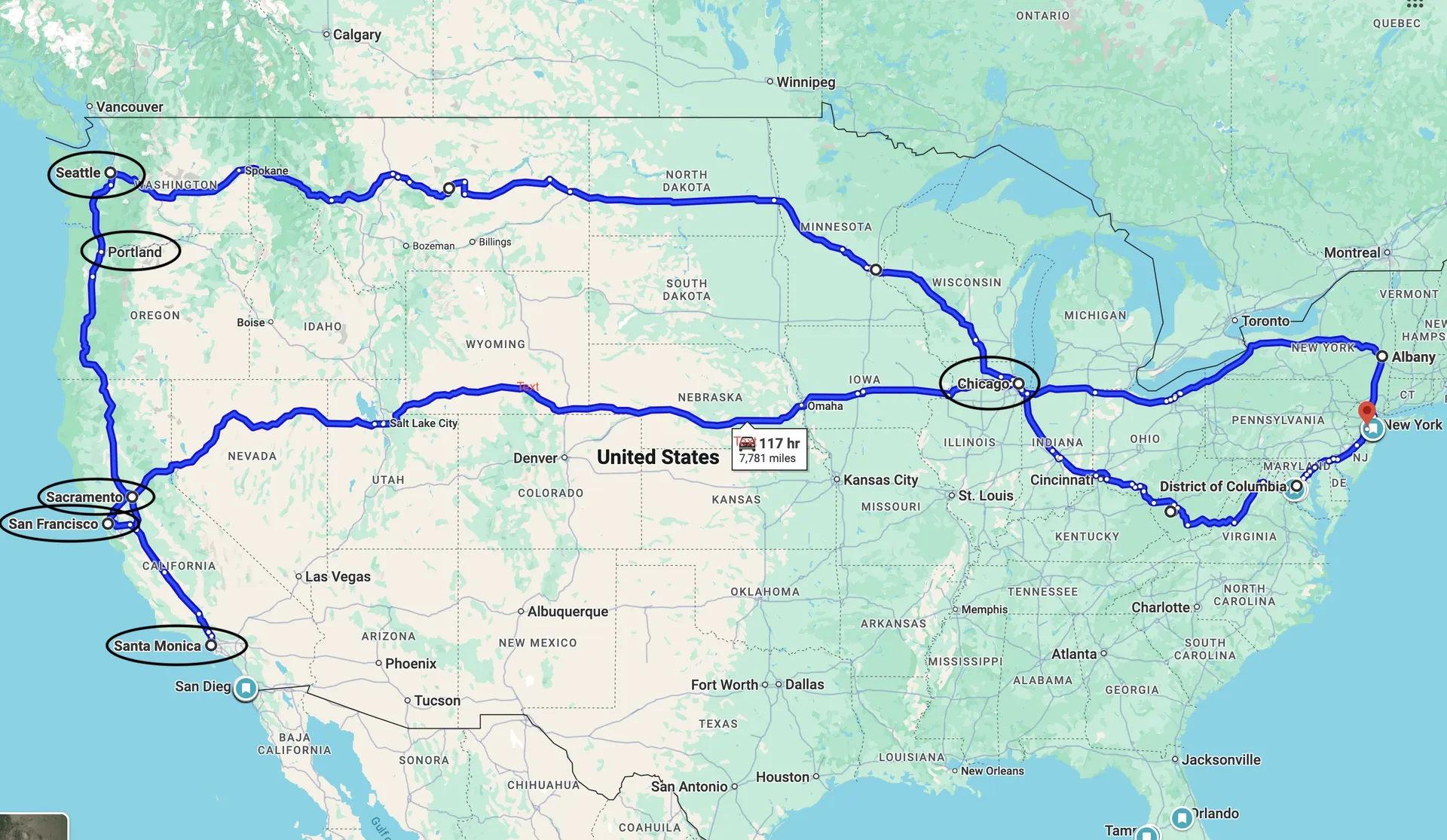 Map of the train route across the United States, showing all major stops and connections