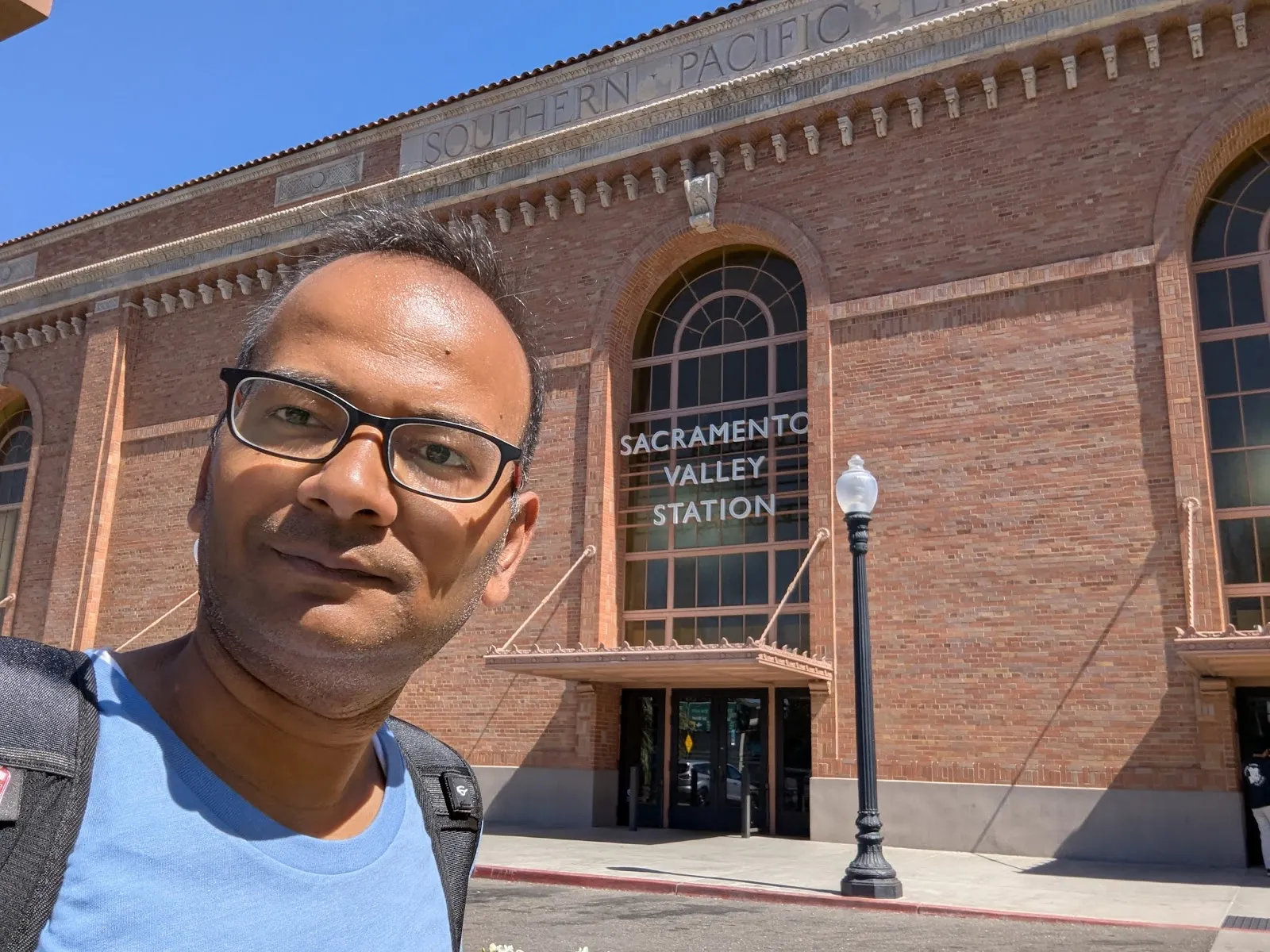 Sacramento Valley Station — the beautiful 1926 Southern Pacific brick depot building, warm terracotta tones, arched windows, the historic departure point for the Capitol Corridor