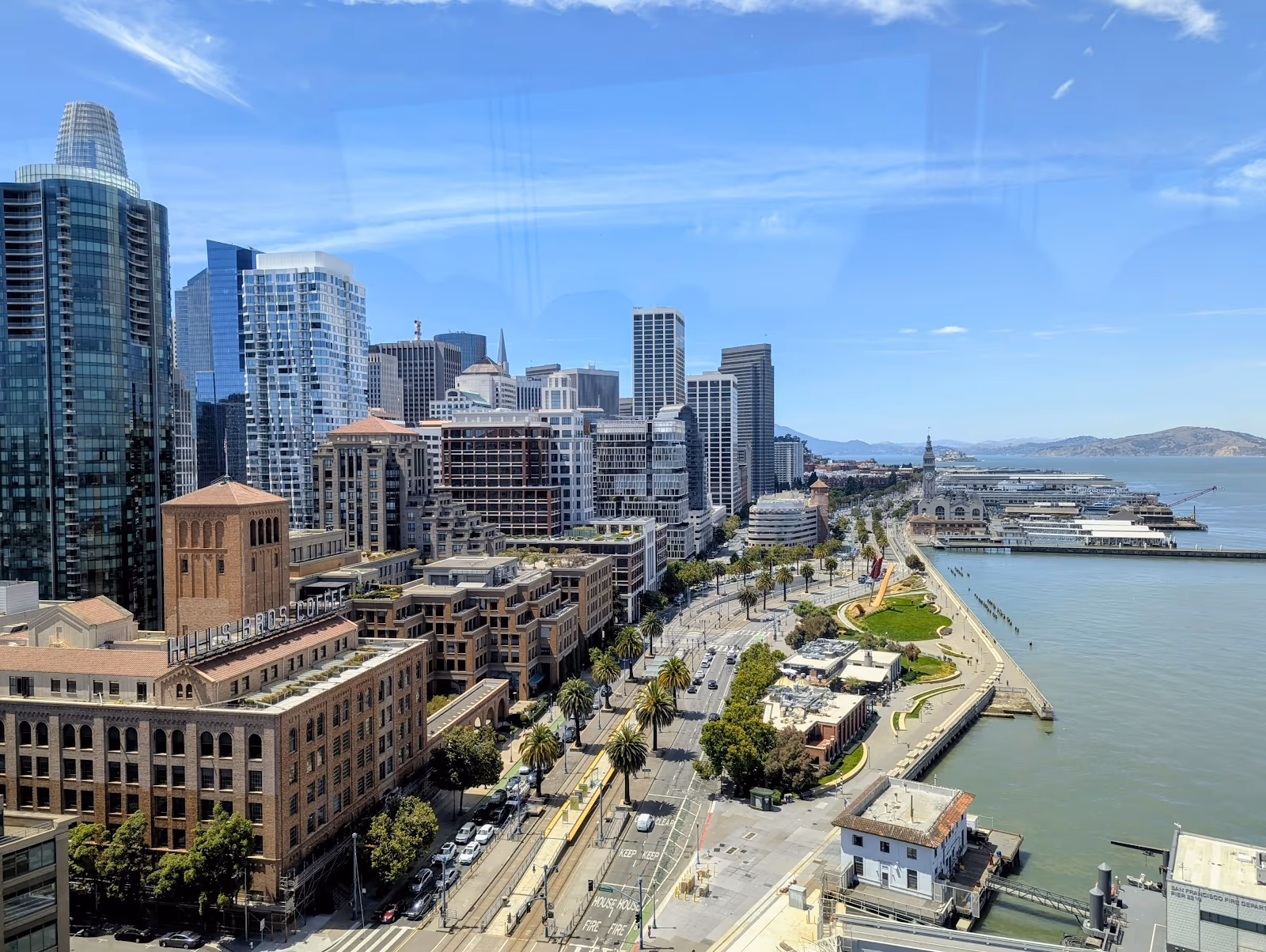 San Francisco waterfront skyline and Embarcadero from above