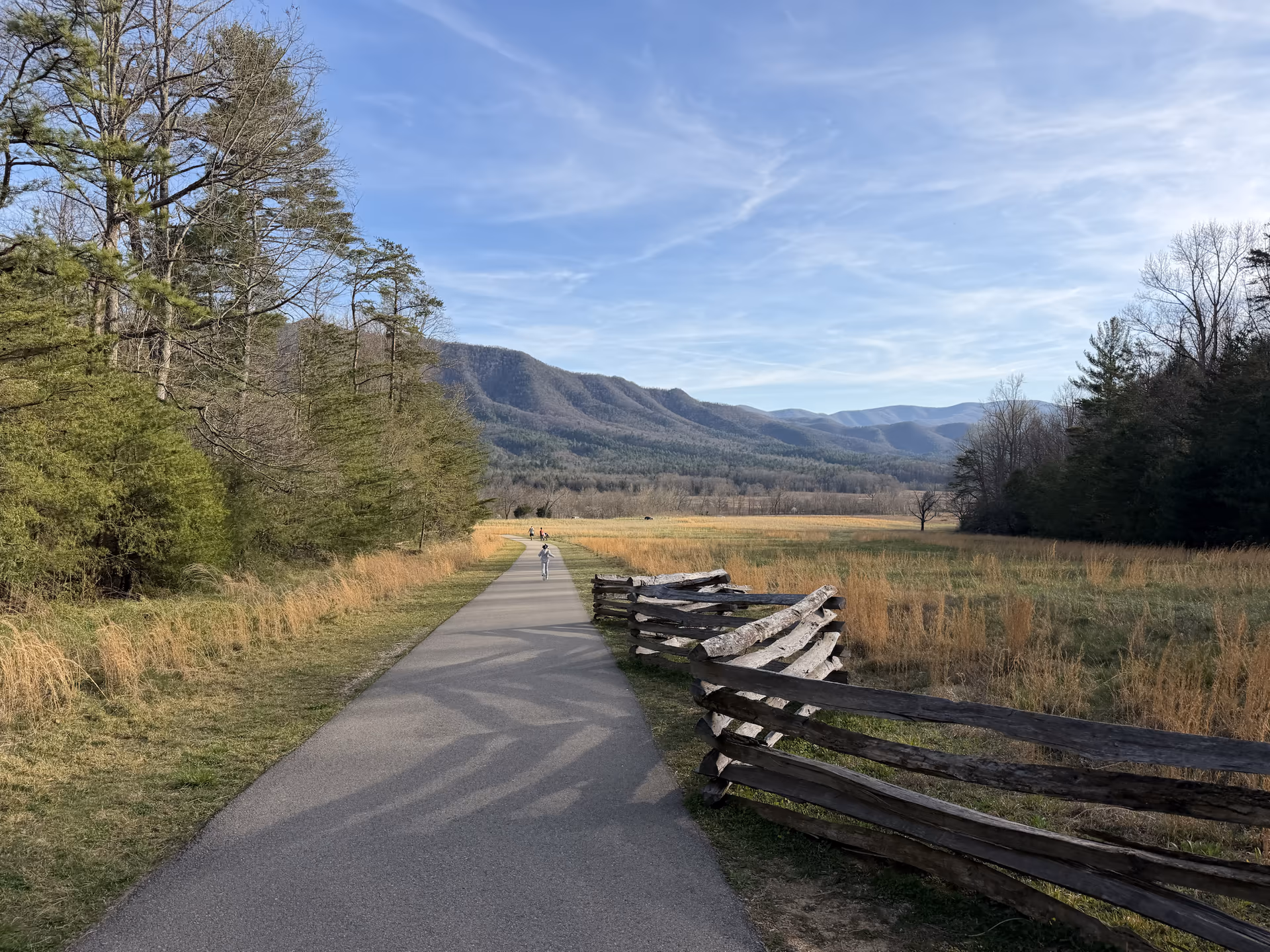 The Cades Cove loop road passing through open fields with mountains in the distance