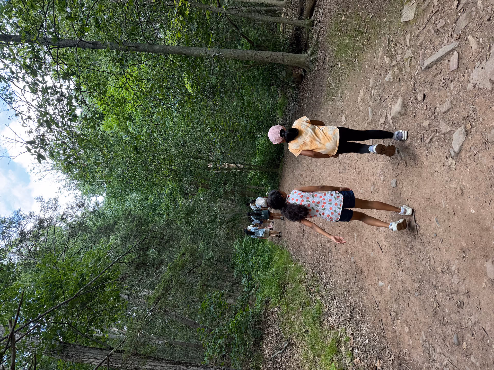 Trail scene at Hemlock Falls with two young friends walking away