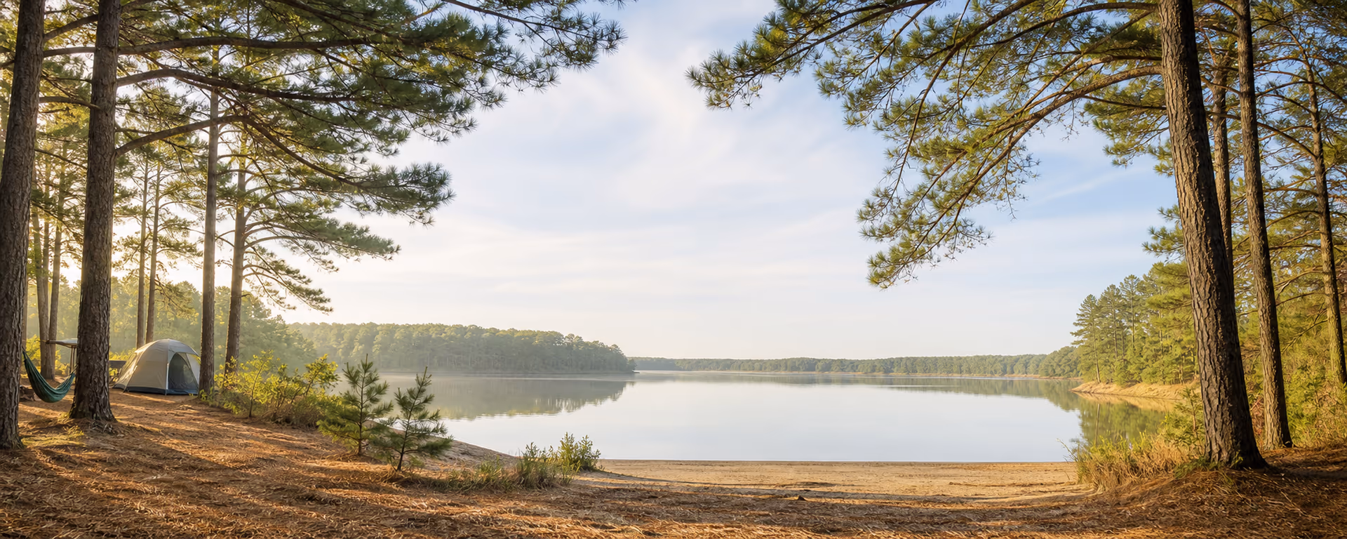 Light summer view of pines and Atsion Lake for the Wharton State Forest camping post